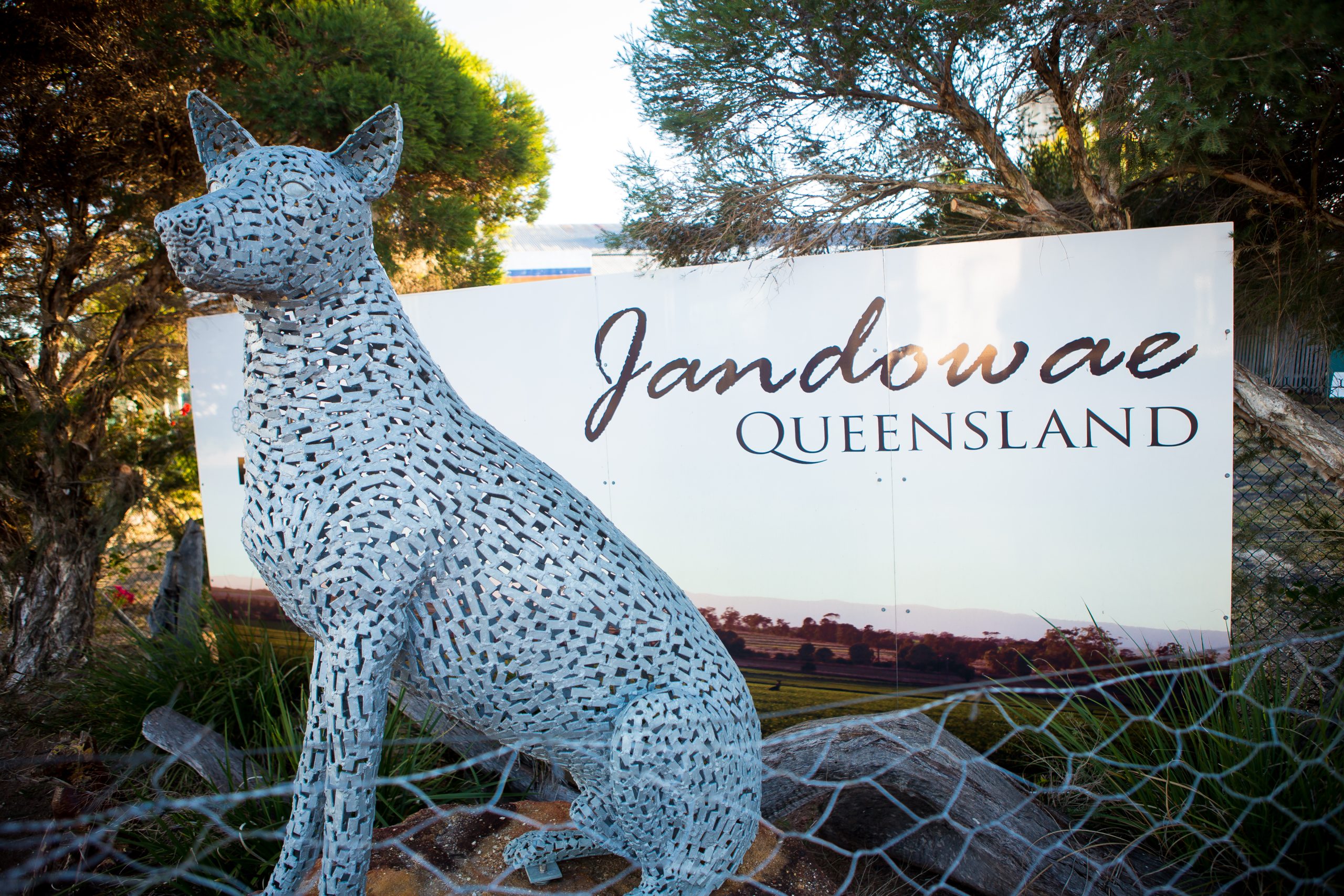 Jandowae town sign with Dingo sculpture